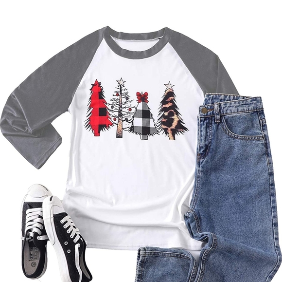 Tops - Women Christmas Tree T-Shirt Long Sleeve Raglan